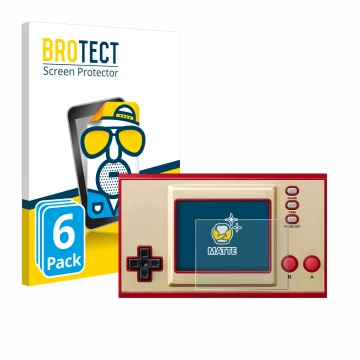 Front side of a product packaging with the brand logo BROTECT. Next to it is the device Nintendo Game & Watch Super Mario Bros
