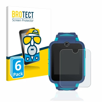 Front side of a product packaging with the brand logo BROTECT. Next to it is the device TCL Movetime Family Watch 2 shown with