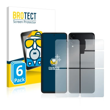 Front side of a product packaging with the brand logo BROTECT. Next to it is the device Samsung Galaxy Z Flip 3 5G (Front+Back