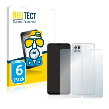 Front side of a product packaging with the brand logo BROTECT. Next to it is the device Samsung Galaxy A22 5G (Front+Back) sho