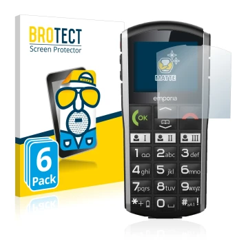 Front side of a product packaging with the brand logo BROTECT. Next to it is the device Emporia Simplicity shown with the corr