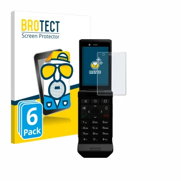 Front side of a product packaging with the brand logo BROTECT. Next to it is the device Caterpillar Cat S22 Flip shown with th