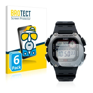 Front side of a product packaging with the brand logo BROTECT. Next to it is the device Casio DW-291H shown with the correspon