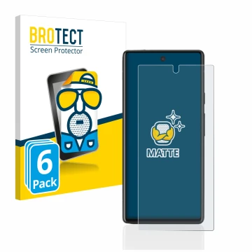 Front side of a product packaging with the brand logo BROTECT. Next to it is the device Google Pixel 6a shown with the corresp