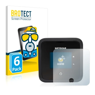 Front side of a product packaging with the brand logo BROTECT. Next to it is the device Netgear Nighthawk M5 shown with the co
