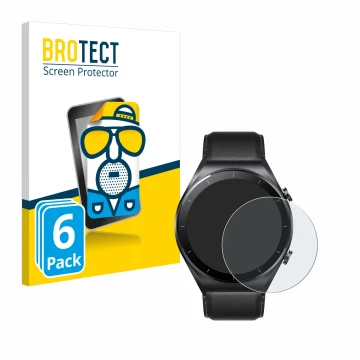 Front side of a product packaging with the brand logo BROTECT. Next to it is the device Xiaomi Watch S1 shown with the corresp