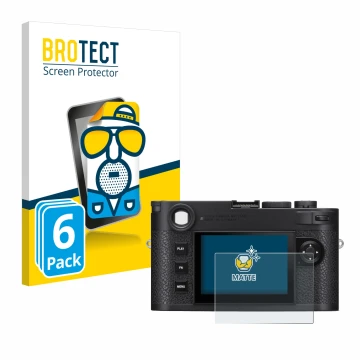 Front side of a product packaging with the brand logo BROTECT. Next to it is the device Leica M11 shown with the corresponding