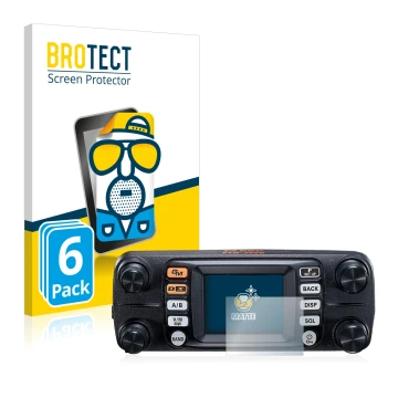 Front side of a product packaging with the brand logo BROTECT. Next to it is the device Yaesu FTM-300DE shown with the corresp