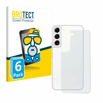 Front side of a product packaging with the brand logo BROTECT. Next to it is the device Samsung Galaxy S22 5G (Back) shown wit