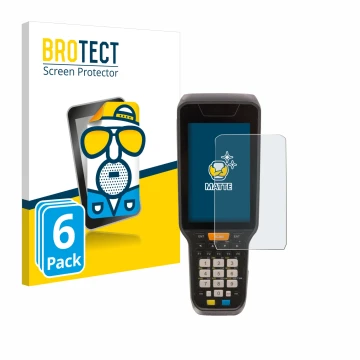 Front side of a product packaging with the brand logo BROTECT. Next to it is the device Datalogic Skorpio X5 shown with the co