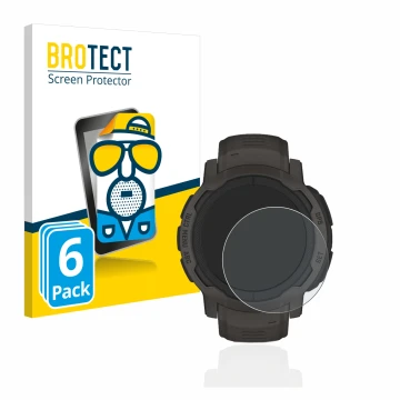Front side of a product packaging with the brand logo BROTECT. Next to it is the device Garmin Instinct 2 shown with the corre