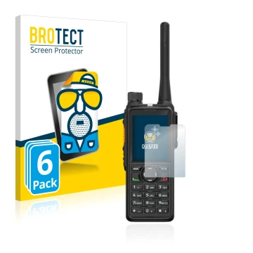 Front side of a product packaging with the brand logo BROTECT. Next to it is the device Hytera HP785 shown with the correspond