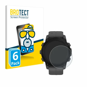 Front side of a product packaging with the brand logo BROTECT. Next to it is the device Garmin Descent G1 shown with the corre
