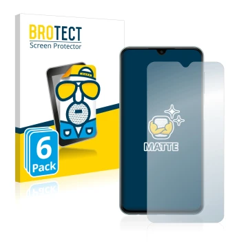 Front side of a product packaging with the brand logo BROTECT. Next to it is the device Samsung Galaxy M23 shown with the corr