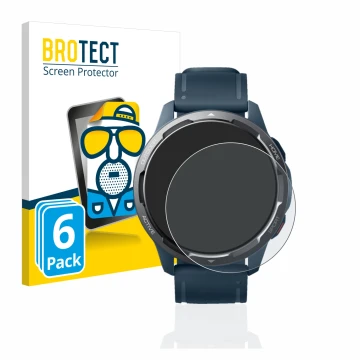 Front side of a product packaging with the brand logo BROTECT. Next to it is the device Xiaomi Watch S1 Active shown with the 