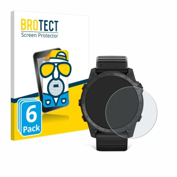 Front side of a product packaging with the brand logo BROTECT. Next to it is the device Garmin Tactix 7 Pro Ballistics shown w