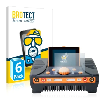 Front side of a product packaging with the brand logo BROTECT. Next to it is the device Junsi iCharger 406 Duo shown with the 