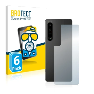 Front side of a product packaging with the brand logo BROTECT. Next to it is the device Sony Xperia 1 IV (Back) shown with the