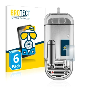 Front side of a product packaging with the brand logo BROTECT. Next to it is the device Sage Nespresso Creatista Pro shown wit