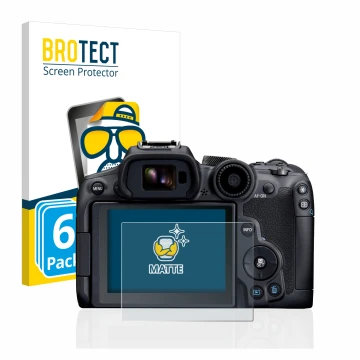 Front side of a product packaging with the brand logo BROTECT. Next to it is the device Canon EOS R7 shown with the correspond