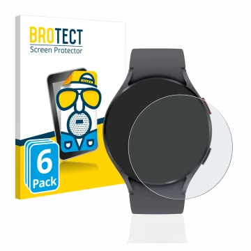 Front side of a product packaging with the brand logo BROTECT. Next to it is the device Samsung Galaxy Watch 5 (44mm) shown wi
