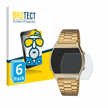 Front side of a product packaging with the brand logo BROTECT. Next to it is the device Casio Retro B640WB shown with the corr