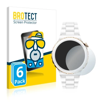 Front side of a product packaging with the brand logo BROTECT. Next to it is the device Huawei Watch GT 3 Pro Ceramic (43mm) s