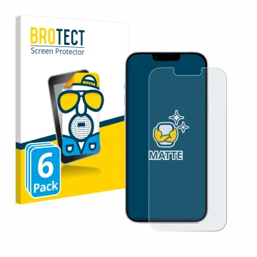 Front side of a product packaging with the brand logo BROTECT. Next to it is the device Apple iPhone 14 Plus shown with the co