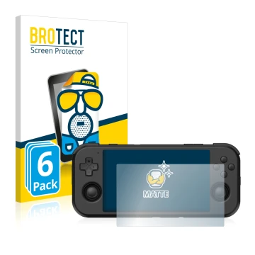 Front side of a product packaging with the brand logo BROTECT. Next to it is the device Retroid Pocket 3 shown with the corres