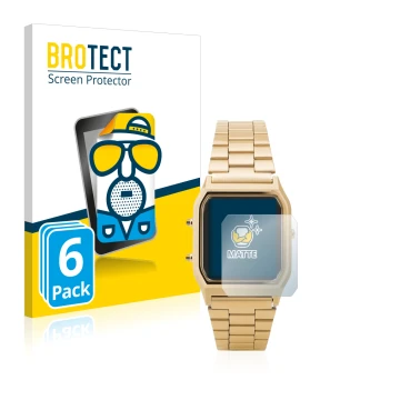 Front side of a product packaging with the brand logo BROTECT. Next to it is the device Casio AQ-230GA shown with the correspo