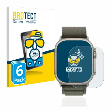 Front side of a product packaging with the brand logo BROTECT. Next to it is the device Apple Watch Ultra (49 mm) shown with t