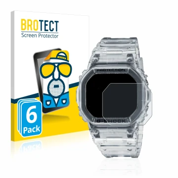 Front side of a product packaging with the brand logo BROTECT. Next to it is the device Casio G-Shock DW-5600SKE-7 shown with 