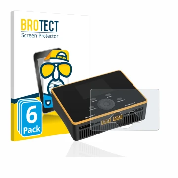 Front side of a product packaging with the brand logo BROTECT. Next to it is the device Junsi iCharger DX8 Duo shown with the 