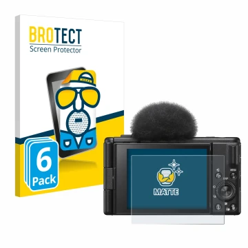 Front side of a product packaging with the brand logo BROTECT. Next to it is the device Sony ZV-1F shown with the correspondin