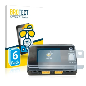 Front side of a product packaging with the brand logo BROTECT. Next to it is the device ToolkitRC M6D Dual Charger shown with 