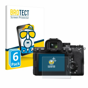 Front side of a product packaging with the brand logo BROTECT. Next to it is the device Sony Alpha 7R V / a7R V shown with the