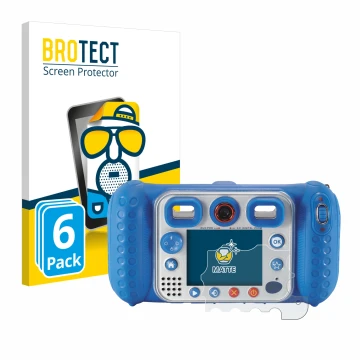 Front side of a product packaging with the brand logo BROTECT. Next to it is the device Vtech Kidizoom Duo Pro shown with the 