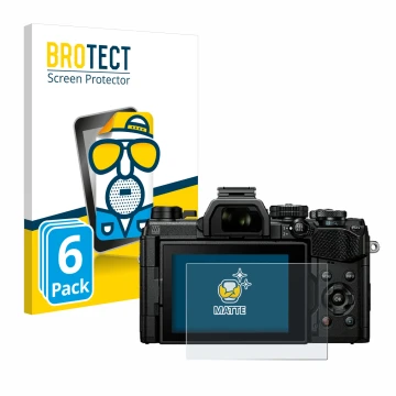 Front side of a product packaging with the brand logo BROTECT. Next to it is the device Olympus OM System OM-5 shown with the 