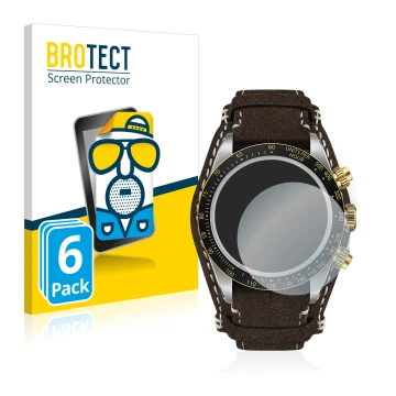 Front side of a product packaging with the brand logo BROTECT. Next to it is the device Tudor Black Bay Chrono 41mm shown with