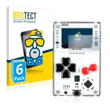 Front side of a product packaging with the brand logo BROTECT. Next to it is the device Arduboy FX shown with the correspondin