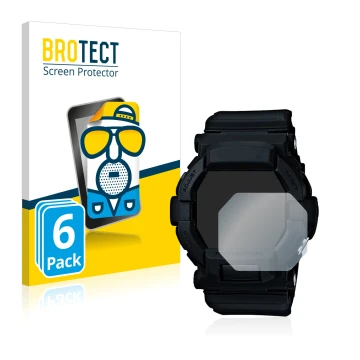 Front side of a product packaging with the brand logo BROTECT. Next to it is the device Casio G-Shock GD350 shown with the cor