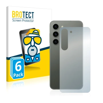 Front side of a product packaging with the brand logo BROTECT. Next to it is the device Samsung Galaxy S23 Plus (Back) shown w