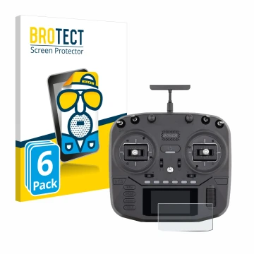 Front side of a product packaging with the brand logo BROTECT. Next to it is the device Radiomaster Boxer shown with the corre