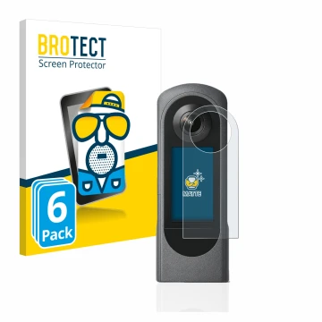 Front side of a product packaging with the brand logo BROTECT. Next to it is the device Ricoh Theta X shown with the correspon