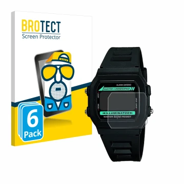 Front side of a product packaging with the brand logo BROTECT. Next to it is the device Casio W-86-1VQES shown with the corres