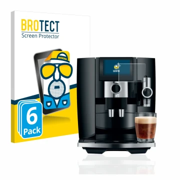 Front side of a product packaging with the brand logo BROTECT. Next to it is the device Jura J8 shown with the corresponding s