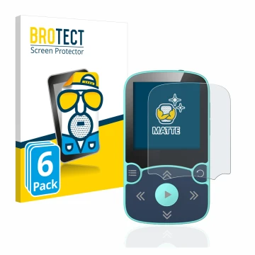 Front side of a product packaging with the brand logo BROTECT. Next to it is the device AGPtek A65X MP3 Player with clip shown