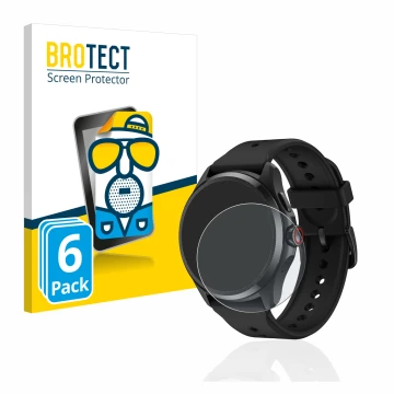 Front side of a product packaging with the brand logo BROTECT. Next to it is the device Mobvoi TicWatch Pro 5 shown with the c