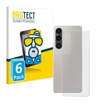 Front side of a product packaging with the brand logo BROTECT. Next to it is the device Sony Xperia 1 V (Back) shown with the 