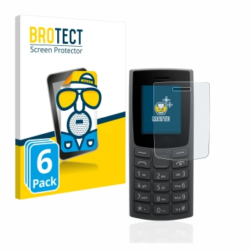 Front side of a product packaging with the brand logo BROTECT. Next to it is the device Nokia 105 (2023) shown with the corres